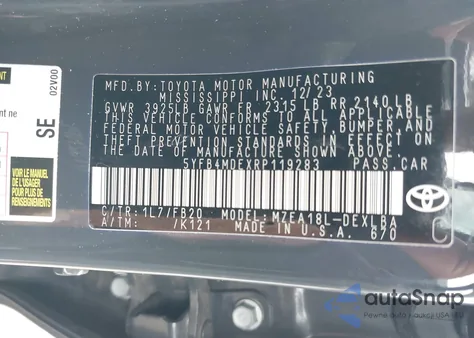 2024 Toyota Corolla Le z USA, uszkodzony, nr VIN 5YFB4MDEXRP119283